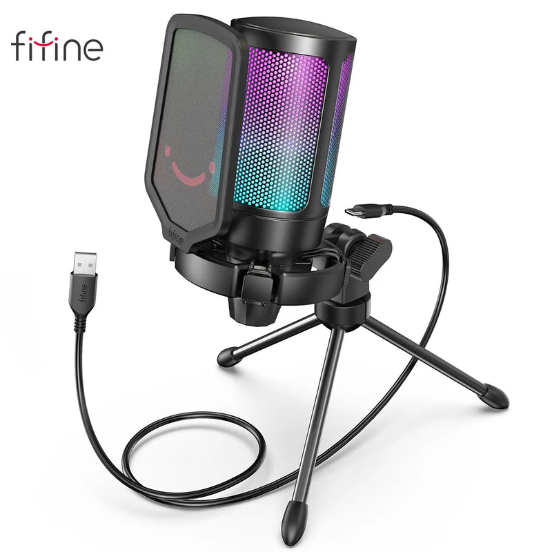 FIFINE-USB Microfone Condensador Gaming, Filtro Pop, Montagem de Choque, Controle de ganho para Podcasts, PC, PS4, PS5, MAC